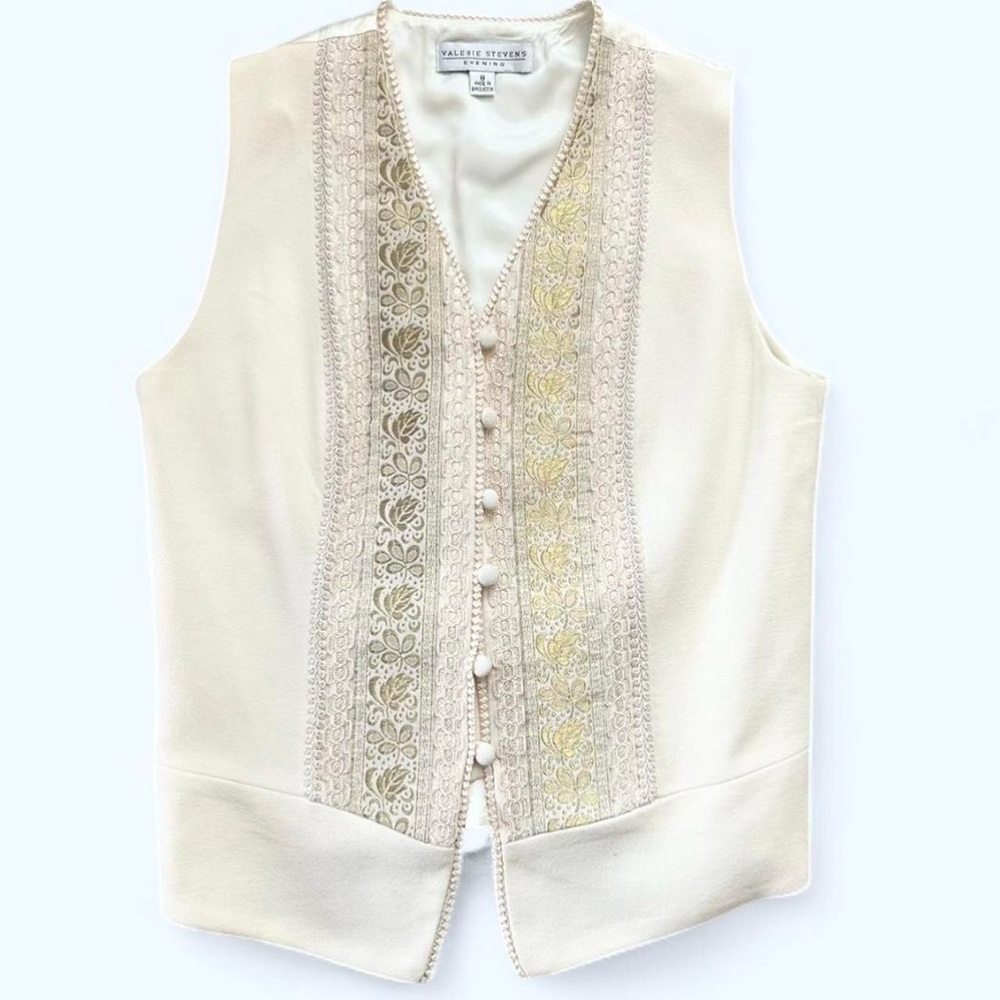 Vintage 1980s Valerie Stevens Embroidered Cream and Gold Wool Vest Size 8